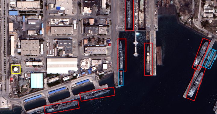 Naval object identification at a busy seaport via AI, with color-coded classification. Imagery courtesy of MetaVI.